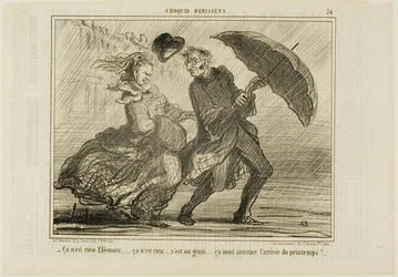 "- Ne aggódj, Eleonore... ez semmiség, csak egy kis szél, amely a tavasz érkezését hirdeti", 34. tányér a Croquis Parisiensből.