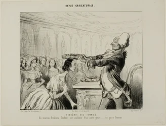 Nők Akadémiája. Egy új Richelieu, aki egy új, másfajta Akadémiát alapít.... a női nemből, 33. tábla a Revue Caricatureale-ból.