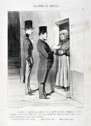 Honore Daumier (1808-1879) alkotásai. Charivari 1845-ből származik: Serie LES PEANS DE JUSTICE "" -... és az ajtóban így kijelentett beszéd azt jelentette számára, hogy engedelmeskednie kell az említett összegzésnek, ellenkező esetben és ennek elmulasztása