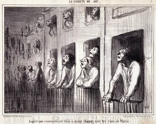Rajzfilm a tudományról. Serie Sur „” la Comete de 1857””: „” Olyan szempont, amely már minden este Párizs utcáin jár””. Honore DAUMIER (1808-1879) metszete. Kivonat a „Le Charivari” újságból”. Mérete 38x25 cm. Inv D – 7. doboz Marseille,