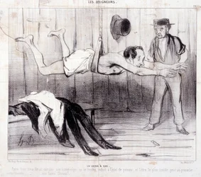 Karikatúra a nyaraló turistákról. "Les Baigneurs" sorozat: "La lecon a dry". "Les Baigneurs" sorozat: "La lecon a dry". Honore DAUMIER (1808-1879) metszete. Kivonat a "Le Charivari" című újságból. Méret: 25x36 cm 12. doboz Marseille, Musee