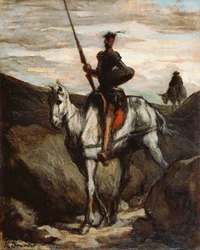 ""Don Quijote a hegyekben"" (Don Quijote a hegyekben) Honore Daumier (1808-1879) festménye 1850 körül - Olaj, fa Méret: 39,6x31,2 cm Bridgestone Művészeti Múzeum