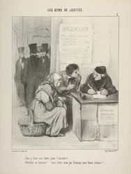 „Levelet kell írni, hogy meglágyítsuk?... Meglágyítani egy végrehajtót!... Tehát ön nem francia, derék ember?....”, 5. tábla a Les Gens de Justice-ból