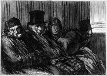 Örömvonatok: 10 fokos unalom és rossz hangulat. Honore Daumier (1808-1879) rajzfilmje. Metszet a „” Le Monde Illustré”” 249. számában, január 18