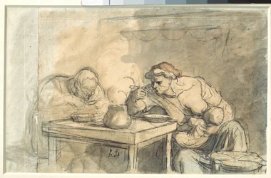 Leves Néhány munkás levest eszik, az anya szoptatja a babát. Honore Daumier (1808-1879) akvarellje. 1862-1865. Homályos. 0,3x0,49 m. Párizs, Louvre Múzeum