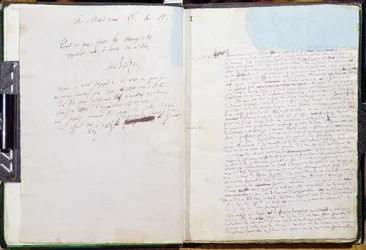 A "Le Pere Goriot" első oldala és dedikáció Madame Hanskának (toll és tinta, papír)