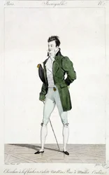 Csodálatos Párizs. Az embernek XII. Károly haja van, vízzöld bugyit és hálós harisnyát visel. Horace Vernet (1789-1863) 1810 körül készült férfidivat illusztrációja.