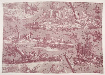 Rézlemezre nyomtatott pamut töredéke vadászjelenet-rajzzal, c. 1815.