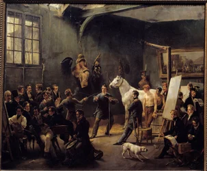 Horace Vernet műhelye 1820-ban. Sok tanonc állatmodelleken gyakorol. Horace Emile Vernet (1789-1863) festménye 1820 V. 0,55x0,65 m. Carnot gyűjtemény