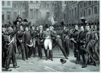 Bonaparte Napóleon (1769-1821) búcsúja a császári őrségtől a fontainebleau-i Cheval Blanc udvarában 1814.04.20. Emile Vernet metszete Horace Vernet (1789-1863) 1814 Párizs, B.N.