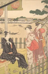 Csoport egy teaházban a Sumida folyó partján, kb. 1790.