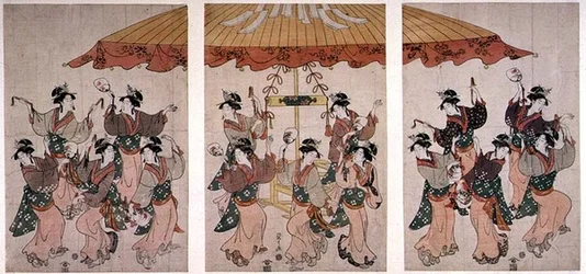 A Sumiyoshi Dance, triptichon, 1791 körül (színes fatömbnyomat)