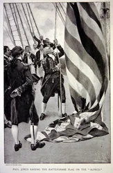 John Paul Jones felvonja az amerikai csörgőkígyó zászlót az Alfrédon (litográfia)