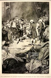 Pearson kapitány megadása John Paul Jonesnak a Bonhomme Richard fedélzetén 1779-ben (litho)