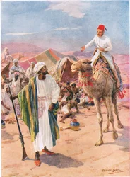 „Gordon egyedül és fegyvertelenül belovagolt a rabszolgák táborába”, illusztráció C. Sheridan Jones „Brave Deeds By Brave Men” című művéből, pub. 1922 (litó)