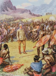 Cecil Rhodes (1853-1902) a Matabeles-szel a Heroes of History-ból, pub. készítette: Raphael Tuck & Son Ltd., London (könyvillusztráció)