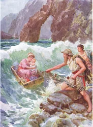 „Őt és a babát biztonságban egy sziklapárkányra rajzolta”, illusztráció a „Hogyan jött Perszeusz és az anyja Seriphoshoz” című művéhez, Charles Kingsley (1819-75) A görög tündérmesék hőseiből (színes litó)