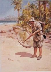 Lábnyomok a homokban, illusztráció Daniel Defoe (1660-1731) „Robinson Crusoe” című művéhez (színes litó)
