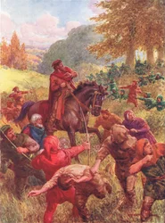 A Lea Sir Richard megmentése, illusztráció a „Robin Hood és élete a vidám zölderdőben” című könyvből, Rose Yeatman Woolf mesélte, Raphael Tuck kiadó