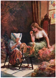 „Több ezer gombolyag a legpuhább selyemből”, Lilia E. Romano olasz mesékből, kiadó: Raphael Tuck & Sons (színes litó)