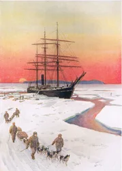 „A Terra Nova kirakása McMurdo Soundban”, illusztráció a „Brave Deeds by Brave Men” című művéből, C. Sheridan Jones, pub. 1922 (litó)
