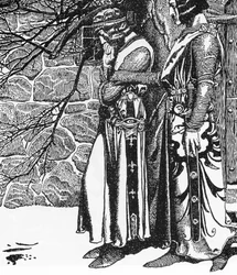 Artúr-monda: Kay (Keu) lovag és Perceval (Sir Kay és Sir Percival), Howard Pyle (1853-1911) illusztrációja a „The Story of the Champions of the Round Table” című könyvből, 1905, magángyűjtemény