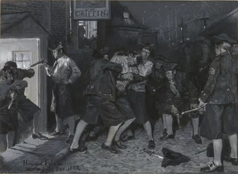 A Griffmadár cégérénél, rajz John Austin Stevens „Régi New York-i kávéházak” című cikkének illusztrációjához