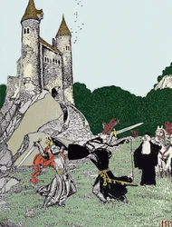 Artúr király és a fekete lovag csatája Merlin varázsló jelenlétében. Howard Pyle (1853-1911) amerikai illusztrátor illusztrációja