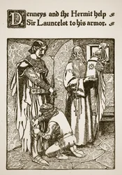 Denneys és a Remete segít Sir Launcelotnak a páncéljában, illusztráció a "Sir Launcelot és társai történetéből", 1907.