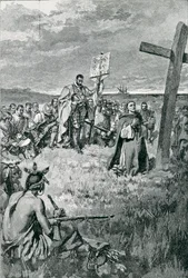 Jacques Cartier (1491-1557) Kereszt felállítása Gaspe-nál, illusztráció Thomas Wentworth Higginson „The French Voyageurs” című művéből, pub. a Harper