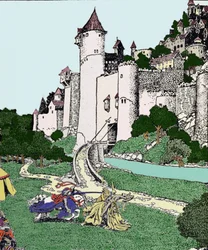 Artúr király és a Fekete Lovag Camelot udvarán harcolnak. Howard Pyle (1853-1911) amerikai illusztrátor illusztrációja.