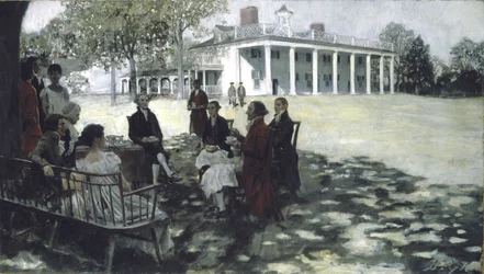 Martha és George Washington barátaikat szórakoztatja a Mount Vernon gyepen, 1898 (olaj és grisaille, vászon)