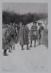 Paul Revere Híreket hoz Sullivannek, vésette F. H. Wellington, illusztráció Ballard Smith „The Gunpowder for Bunker Hill” című művéből, pub. a Harper