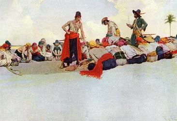 A kincsek felosztása a körben összegyűlt kalózok között. Illusztráció Howard Pyle (1853-1911) amerikai illusztrátor „Book of Pirates Buccaneers and Marooners of the Spanish Main” című könyvéből