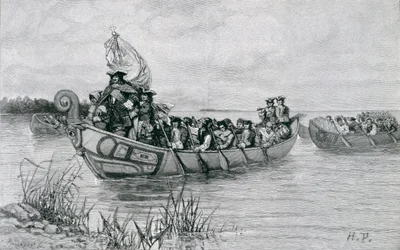 A Cadillac partraszállása, illusztráció Edmund Kirke "The City of the Strait" című művéből, pub. a Harper