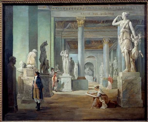 La salle des saisons au musee du Louvre Hubert Robert (1733-1808) festménye 1802 V. 0,37x0,46 m - Évszakok terme a Louvre Múzeumban. Hubert Robert (1733-1808) festménye 1802. 0,37 x 0,46 m. Louvre Múzeum, Párizs