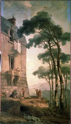 A zenészek. Egy középosztálybeli ház erkélye alatt kutat egy zenészekből és egy medvekiképzőből álló művészcsapat. Hubert Robert (1733-1808) festménye, olaj, vászon, francia művészet. Állami Szabadtéri Múzeum Peterhof, Szentpétervár