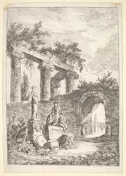 3. tábla: A romok előtti szobor: egy szobor balra három figura mellett egy p..., kb. 1763-64.