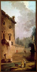 Egy mosdóval ellátott portikusz romjai Hubert Robert (1733-1808) festménye 18. századi Musee du chateau de Maisons Laffitte (Maissons-Laffitte)