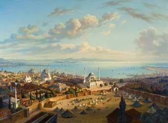 "Konstantinápoly kilátása Serasker tornyából (Bayezid vagy Seraskier)" (Konstantinápoly a Beyazit tűztornyából) Hubert Sattler (1817-1904) festménye Olaj, vászon, 74x101,5 - Magángyűjtemény