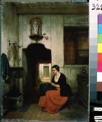 ""La brodeuse"" (A hímzőnő) Fiatal nő varrómunkát végez egy belga belső térben. Hubertus van Hove (1814-1865) festménye 1860 Mikhail Kroshitsky Művészeti Múzeum, Szevasztopol (Szevasztopol) Ukrajna