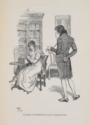 "Elkezdte dicsérni a nőt a jobb külsejéért" Jane Austen 1897-es regényéhez (metszet)
