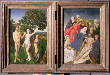 Diptichon: A bűnbeesés (Ádám és Éva, kígyó és alma) és Jézus levétele a keresztről (1479 után)
