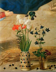Váza fehér, piros és kék liliommal és íriszekkel (tempera, fa)