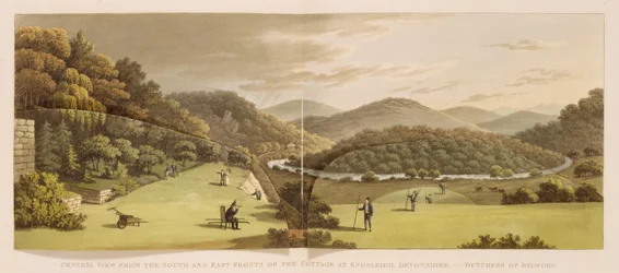 Az endsleigh-i, devoni kunyhó déli és keleti homlokzatának általános látképe (előtte), a Fragments on the Theory and Practice of Landscape Gardening című műből, kiadva 1816-ban