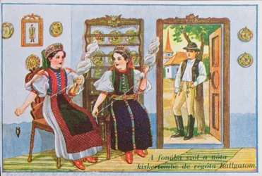 Képeslap, amely hagyományos magyar ruhában pörgő nőket ábrázol és elénekli az Énekelj a békának című népszerű dalt, 1940 körül