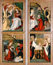 Angyali üdvözlet, Krisztus születése, a bölcsek imádása és a templomi bemutató a szepeshelyi oltárképről, 1480-90