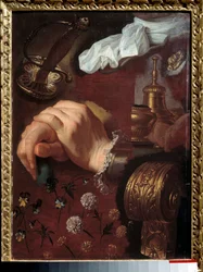 Tanulmányozás keresztezett kezekről, szövetekről, virágokról, harangról, epee Hyacinthe Rigaud festménye (1659-1743) 18. századi Rouen, Musee des Beaux Arts