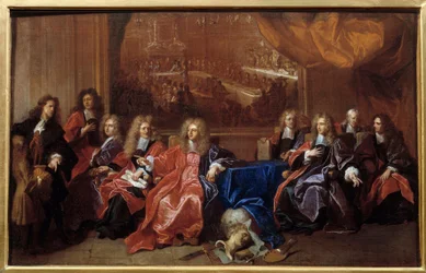 Párizs város prevotja és echevinjei a XIV. Lajosnak a Hotel de Ville-ben az 1687-es háború után felkínált vacsora megemlékezéséről tanácskoznak. Hyacinthe Rigaud festménye (1659-1743)