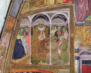 Szent Ferenc könyörgő III. Honorius pápához a búcsú megerősítésére, a Porziuncola freskója, 1393